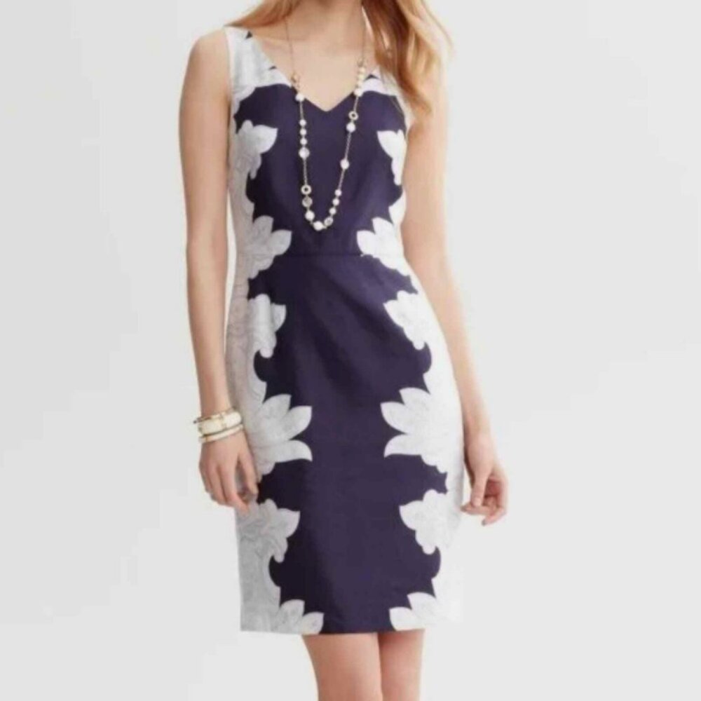 Banana Republic Paisley Print Linen Blend Midi Sheath Dress White Navy Size 6